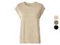 T-shirt beige pour femme à manches courtes et col rond, avec des échantillons de couleurs.