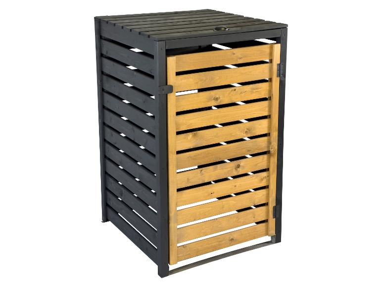 Une poubelle en bois avec un cadre en bois noir et une porte en bois.