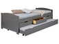 Un lit gris avec un lit gigogne, trois tiroirs et un matelas.