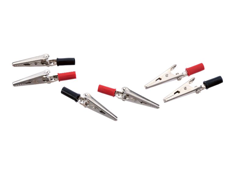 Pinces crocodiles rouges et noires pour tests électriques.