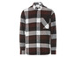 Une chemise à carreaux à manches longues en marron, blanc et gris.