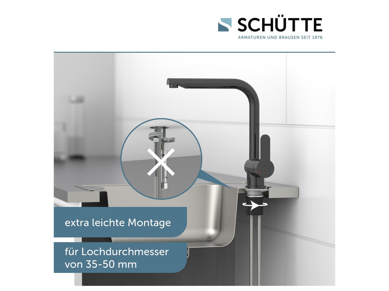 Un robinet de cuisine noir Schütte installé dans un évier.