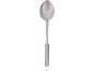 Louche de cuisine en métal avec manche cylindrique et boucle de suspension.
