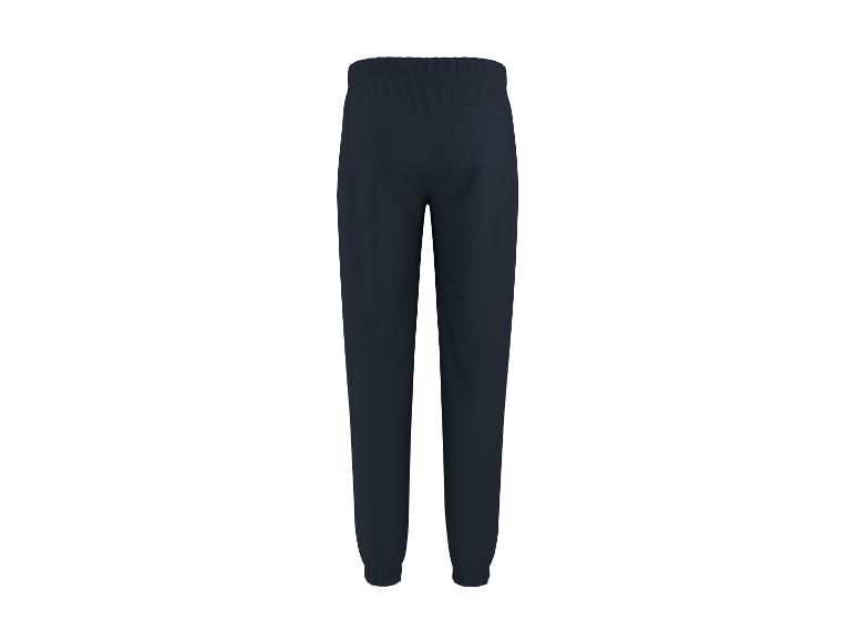 Pantalon de survêtement bleu foncé avec poche arrière et chevilles élastiquées.
