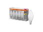 Un paquet de cinq ampoules LED flamme avec culot E14, 4,9W équivalent 40W, 470lm, lumière blanc chaud, à côté d'une ampoule seule.