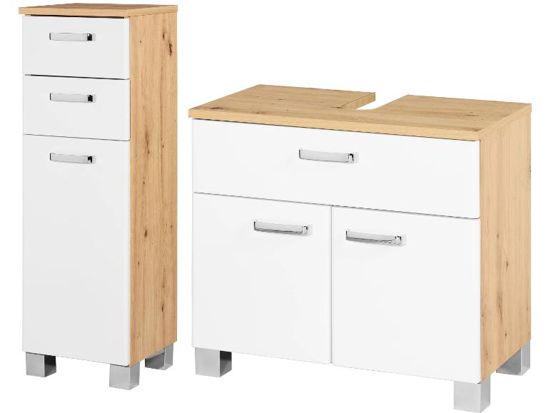 Ensemble de meubles de salle de bain blanc et bois clair avec armoire et colonne.