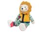 Lion en peluche vêtu d'un blouson et pantalon.