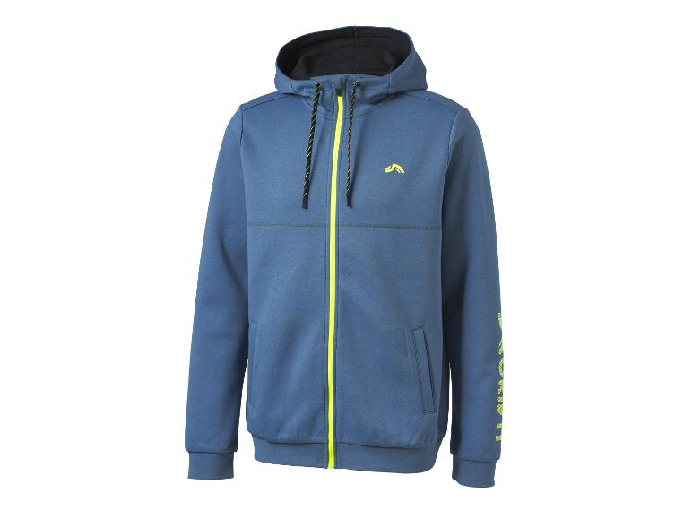 Sweat à capuche bleu pour homme avec fermeture éclair et logo jaune fluo, et texte sur la manche.