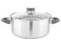 Une casserole en acier inoxydable avec un couvercle en verre et des poignées noires.