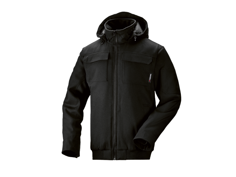 Veste de travail noire pour homme avec capuche et poches.