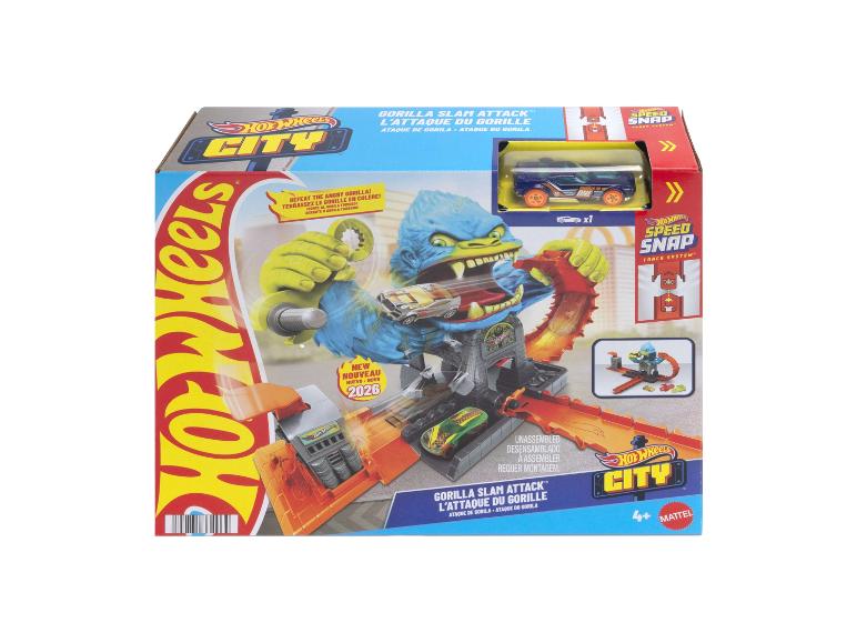 Coffret de jeu avec un gorille bleu attaquant une piste avec une voiture, intitulé « Gorilla Slam Attack ».