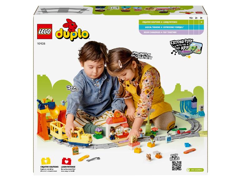 Ensemble de train LEGO Duplo avec deux enfants qui jouent.