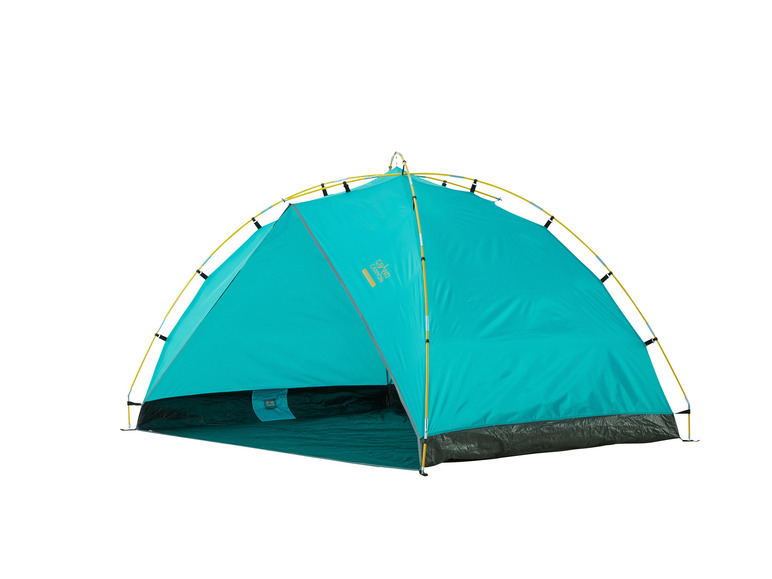 Une tente Grand Canyon turquoise avec des piquets jaunes.