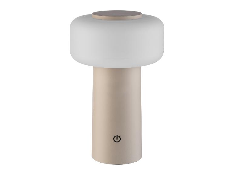 Lampe de table beige avec abat-jour blanc mat et symbole d'alimentation