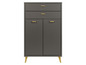 Une armoire gris foncé avec deux tiroirs et deux portes.