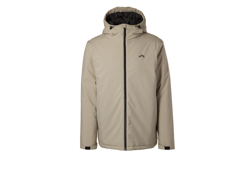 Veste à capuche beige pour homme avec une fermeture éclair noire et un petit logo sur la poitrine.