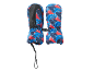Mouffles d'hiver pour enfants avec motif abstrait bleu-rouge et poignée noire.