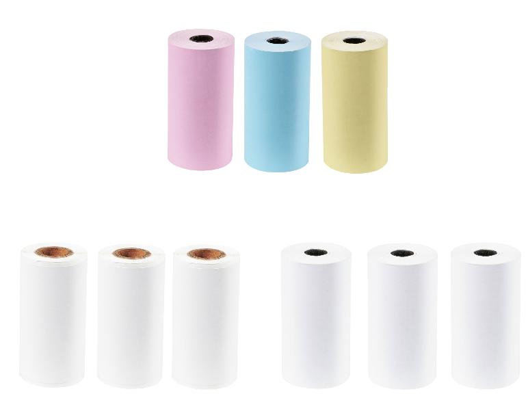 Rouleaux de papier thermique : blanc, rose, bleu et jaune.