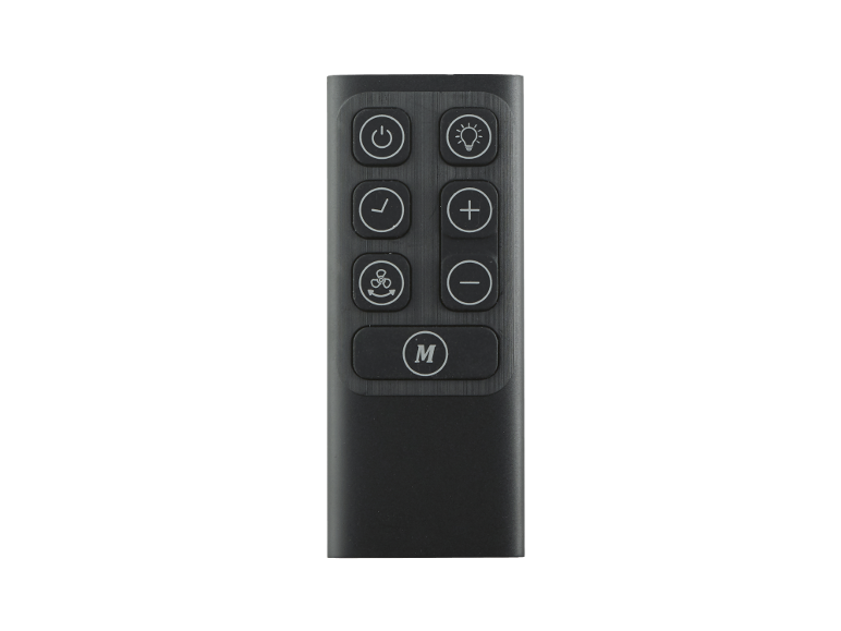 Télécommande noire avec boutons d'alimentation, lumière, minuterie, ventilateur et mode.