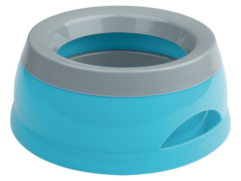 Bol et abreuvoir pour animaux, plastique bleu et gris.