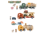 Ensembles de jouets en bois: un camion de ferme avec des animaux, un transporteur de voitures et un camion safari avec des animaux.