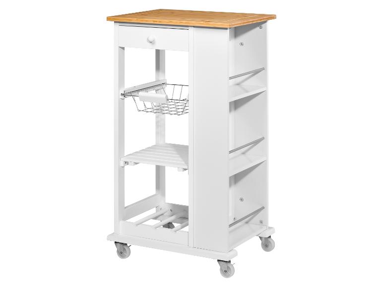 Chariot de cuisine blanc avec plateau en bambou.
