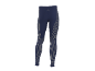 Legging de sport bleu foncé avec rayures verticales et petit logo au dos.