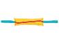 Jouet pour chien jaune avec des sangles turquoise.