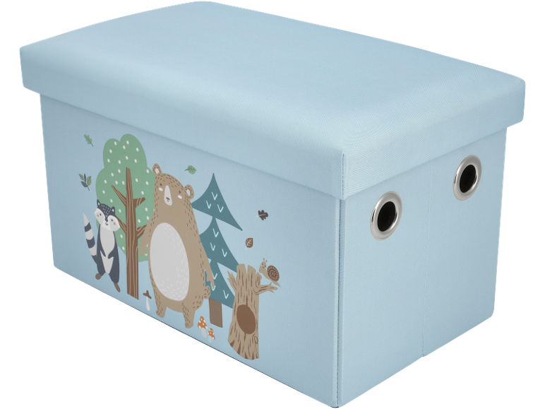 Boîte de rangement bleu clair avec couvercle et imprimé animaux de la forêt.