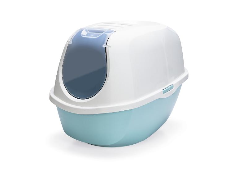 Bac à litière fermé bleu clair et blanc avec porte transparente.