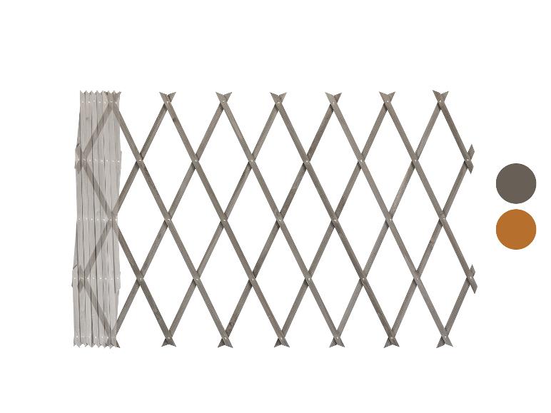 Treillis extensible en bois gris avec deux échantillons de couleur.