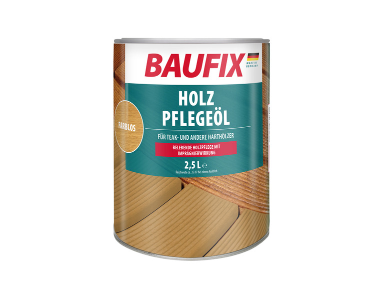 Huile d'entretien pour bois Baufix pour teck et autres bois durs.