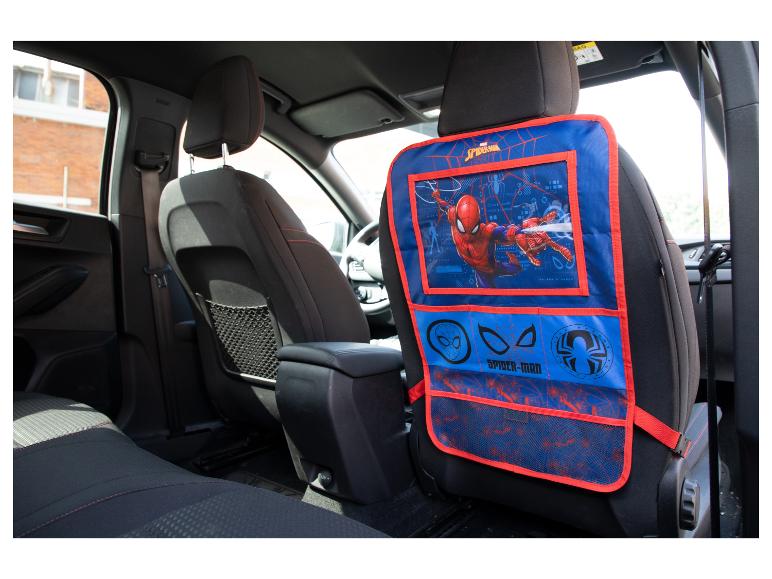 Un protège-siège de voiture bleu et rouge à thème Spider-Man.