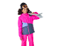 Enfant en tenue de ski rose et bleu, avec des skis sur l'épaule.