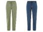 Deux pantalons, un vert et un jean bleu.