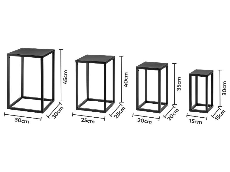 Ensemble de quatre piédestaux/tables d'appoint en métal noir de dimensions variées.