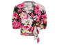 Un chemisier rose avec un motif floral et un nœud.