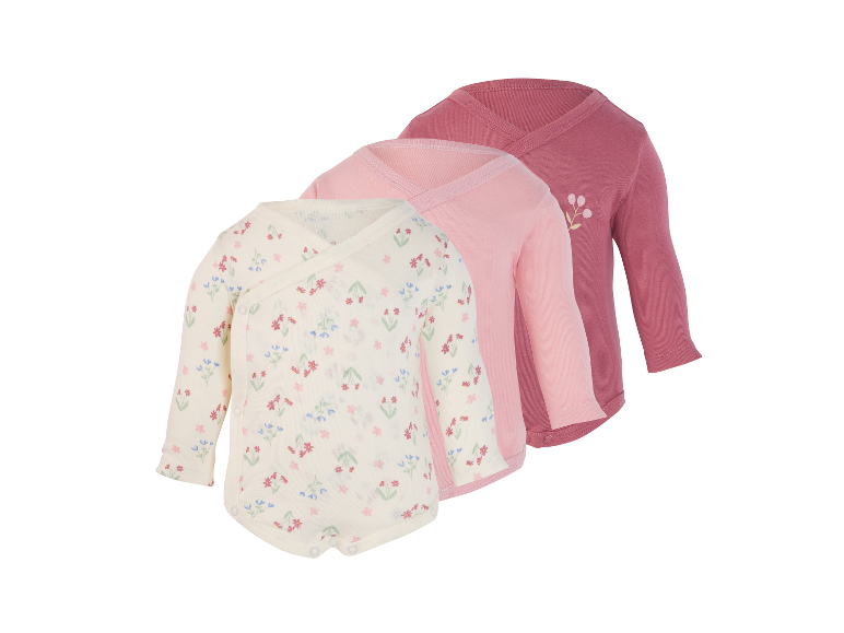 Lot de 3 bodys bébé à manches longues: un à motif floral, deux roses unis.