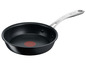 Une poêle Tefal noire avec une poignée en acier.