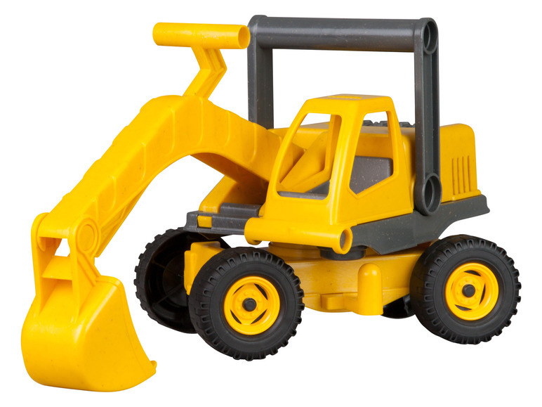 Pelleteuse de chantier en plastique jaune avec un bras et des roues.