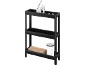 Étagère de rangement noire à 3 niveaux avec un fer, une serviette pliée et un récipient blanc.