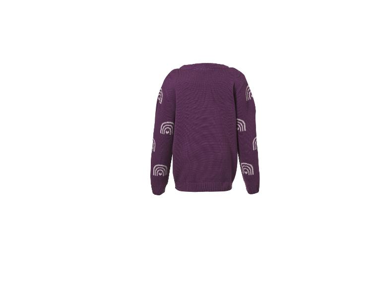 Pull violet avec des motifs d'arc-en-ciel blancs sur les manches.
