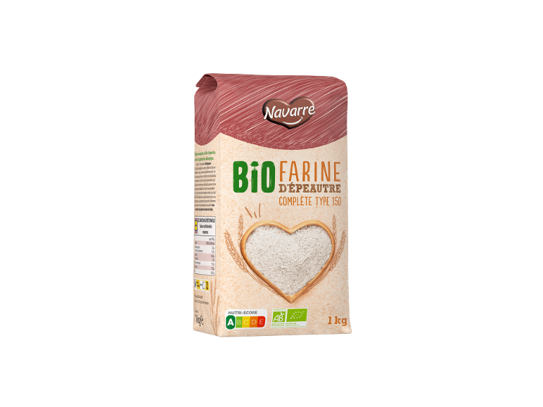 Paquet de farine d'épeautre biologique type 150 avec Nutri-Score A et 1 kg.