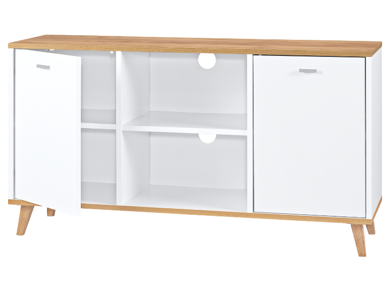 Meuble TV blanc et marron clair avec deux portes et étagères ouvertes, avec des trous pour câbles.