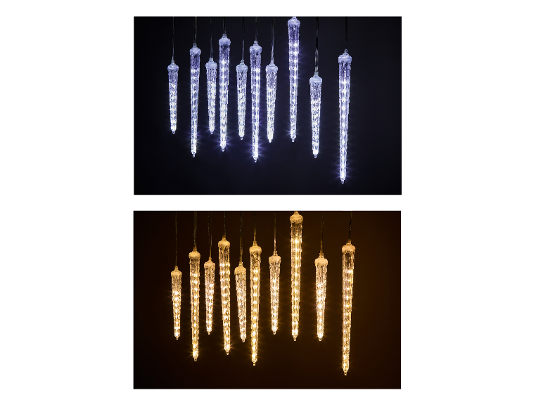 Deux images de guirlandes lumineuses LED en forme de stalactites, une blanche et une jaune chaude.