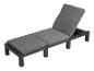 Chaise longue de jardin avec coussins gris.