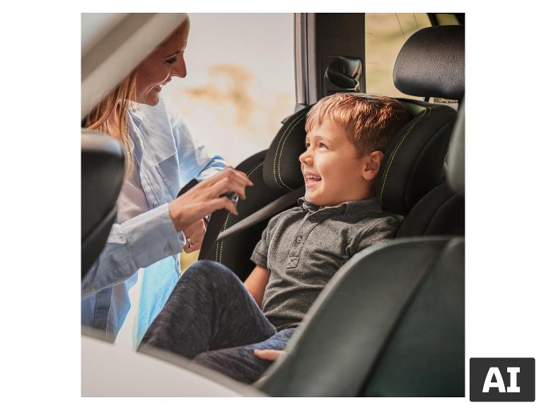 Enfant dans le siège auto BABYGO Freemove I-Size, attaché par sa mère. [image générée par l'IA]