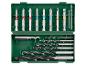 Jeu de forets et d'embouts de tournevis dans un étui vert, comprenant diverses tailles de forets et d'embouts.