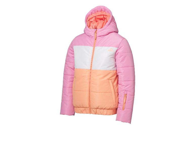 Veste d'hiver pour enfants rose, blanche et orange avec capuche.