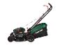 Tondeuse à gazon thermique Parkside verte et noire avec bac de ramassage en tissu.